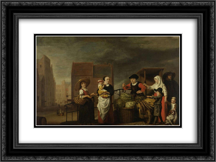 The Vegetable Market 24x18 Black Ornate Wood Framed Art Print Poster with Double Matting by Maes, Nicolaes