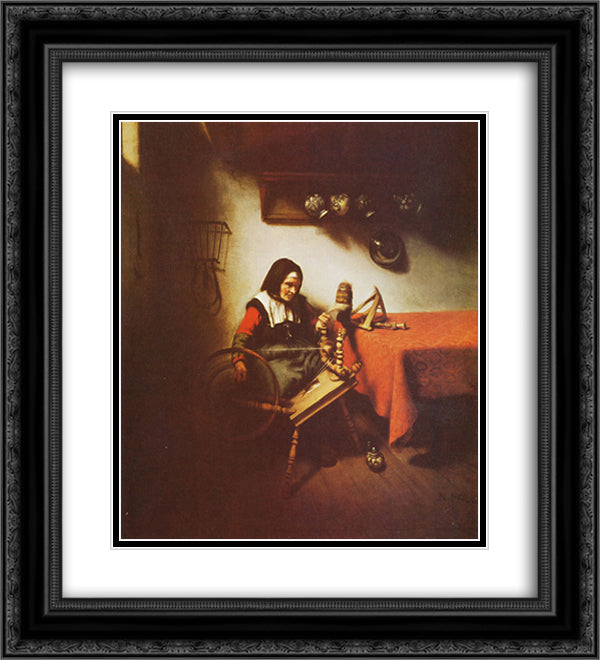 Woman spinning 20x22 Black Ornate Wood Framed Art Print Poster with Double Matting by Maes, Nicolaes