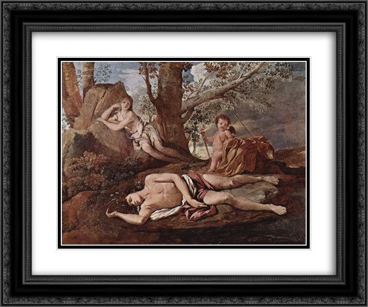 Echo and Narcissus 24x20 Black Ornate Wood Framed Art Print Poster with Double Matting by Poussin, Nicolas