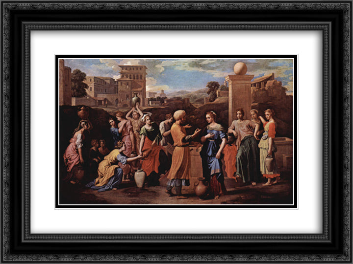 Eliezer and Rebecca at the Well 24x18 Black Ornate Wood Framed Art Print Poster with Double Matting by Poussin, Nicolas