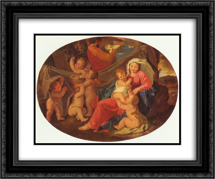 Holy Family with Angels 24x20 Black Ornate Wood Framed Art Print Poster with Double Matting by Poussin, Nicolas