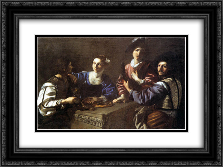 Drinking Party with a Lute Player 24x18 Black Ornate Wood Framed Art Print Poster with Double Matting by Tournier, Nicolas
