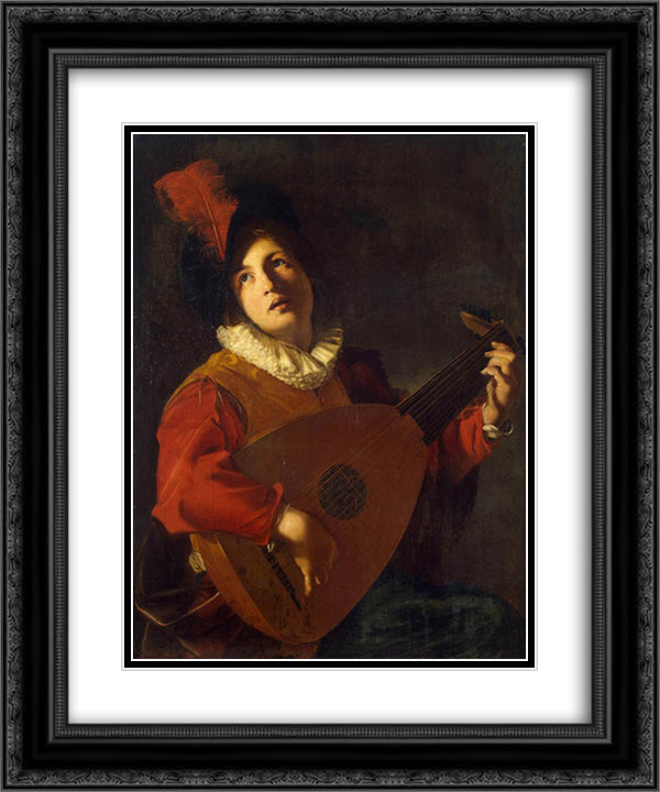 Lute Player 20x24 Black Ornate Wood Framed Art Print Poster with Double Matting by Tournier, Nicolas