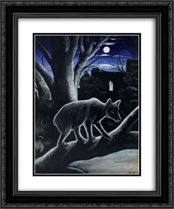 A Bear in a Moon Night 20x24 Black Ornate Wood Framed Art Print Poster with Double Matting by Pirosmani, Niko