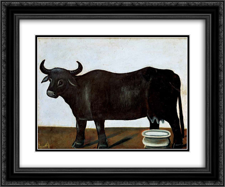 Black buffalo on a white background (part of diptych) 24x20 Black Ornate Wood Framed Art Print Poster with Double Matting by Pirosmani, Niko