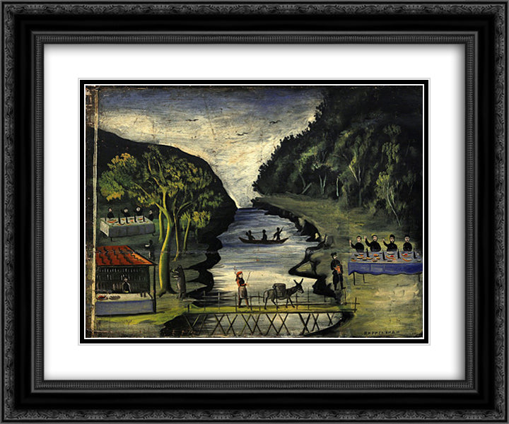 Donkey Bridge (part of Tapestry in six paintings) 24x20 Black Ornate Wood Framed Art Print Poster with Double Matting by Pirosmani, Niko