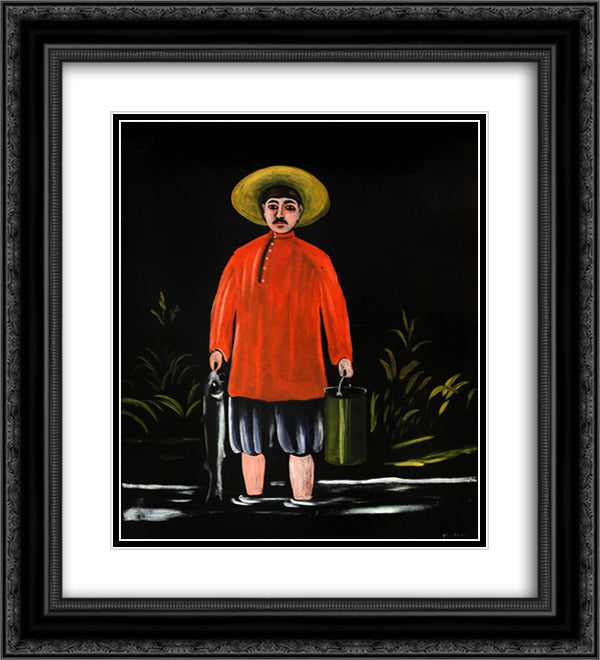 Fisherman in a Red Shirt 20x22 Black Ornate Wood Framed Art Print Poster with Double Matting by Pirosmani, Niko