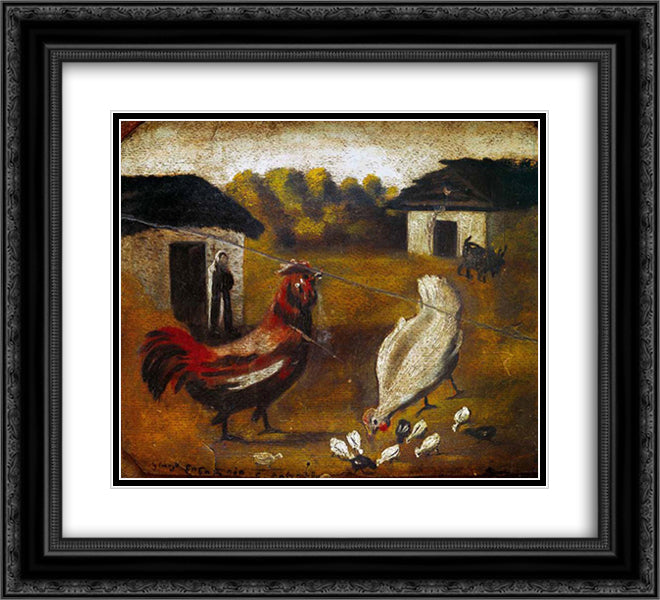Hen with chicken 22x20 Black Ornate Wood Framed Art Print Poster with Double Matting by Pirosmani, Niko