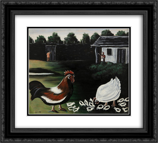 Hen with her chicks 22x20 Black Ornate Wood Framed Art Print Poster with Double Matting by Pirosmani, Niko
