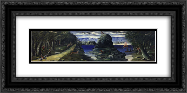 Hunting Scene with a View of the Black Sea 24x12 Black Ornate Wood Framed Art Print Poster with Double Matting by Pirosmani, Niko