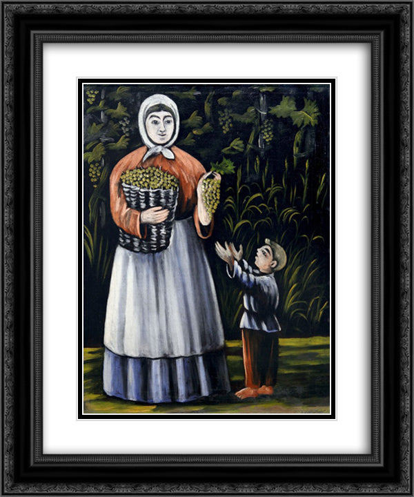 Peasant woman with boy 20x24 Black Ornate Wood Framed Art Print Poster with Double Matting by Pirosmani, Niko