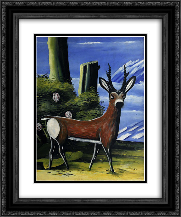 Roe deer with a Landscape in the Background 20x24 Black Ornate Wood Framed Art Print Poster with Double Matting by Pirosmani, Niko