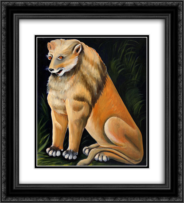 Sitting yellow lion 20x22 Black Ornate Wood Framed Art Print Poster with Double Matting by Pirosmani, Niko