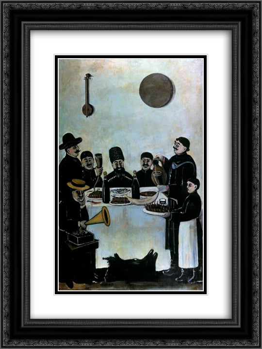 The feast of Tbilisian merchants accompanied by the gramophone 18x24 Black Ornate Wood Framed Art Print Poster with Double Matting by Pirosmani, Niko
