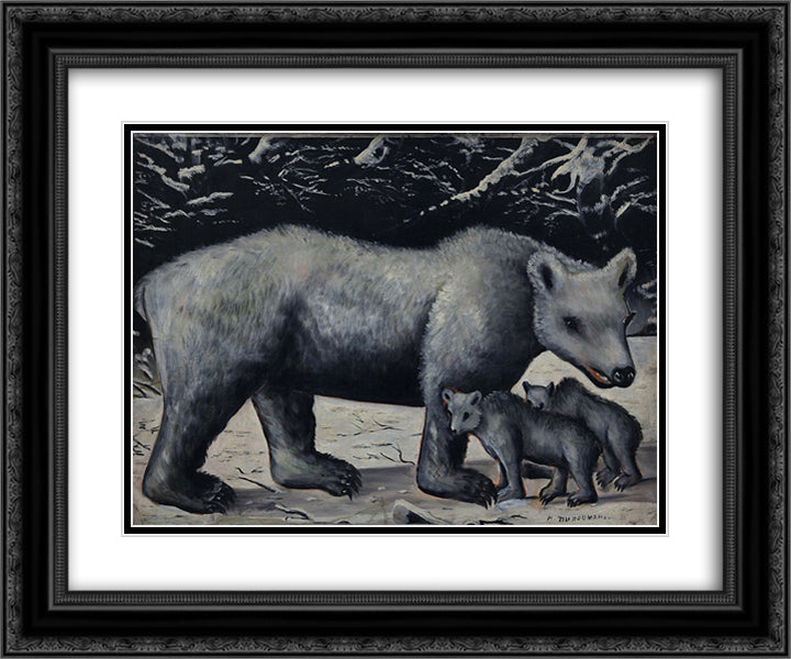 White bear with her cubs 24x20 Black Ornate Wood Framed Art Print Poster with Double Matting by Pirosmani, Niko