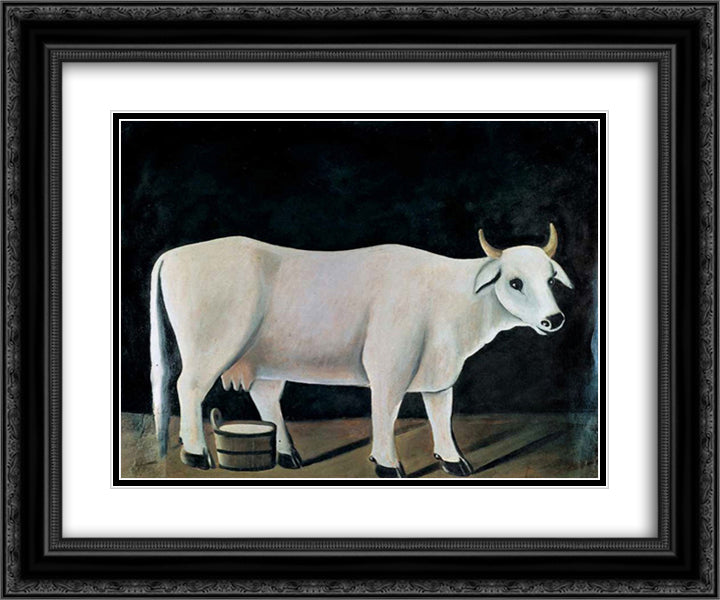 White cow on a black background 24x20 Black Ornate Wood Framed Art Print Poster with Double Matting by Pirosmani, Niko