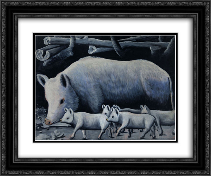 White sow with piglets 24x20 Black Ornate Wood Framed Art Print Poster with Double Matting by Pirosmani, Niko