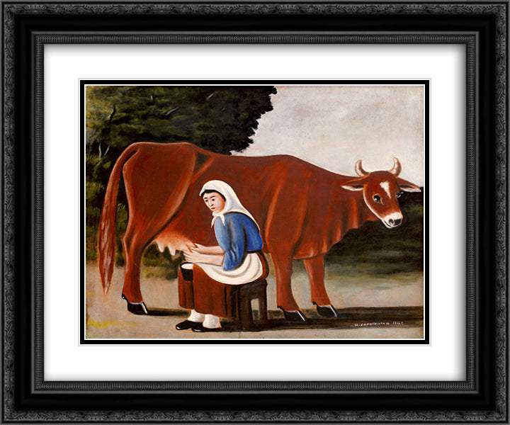 Woman milks a cow 24x20 Black Ornate Wood Framed Art Print Poster with Double Matting by Pirosmani, Niko
