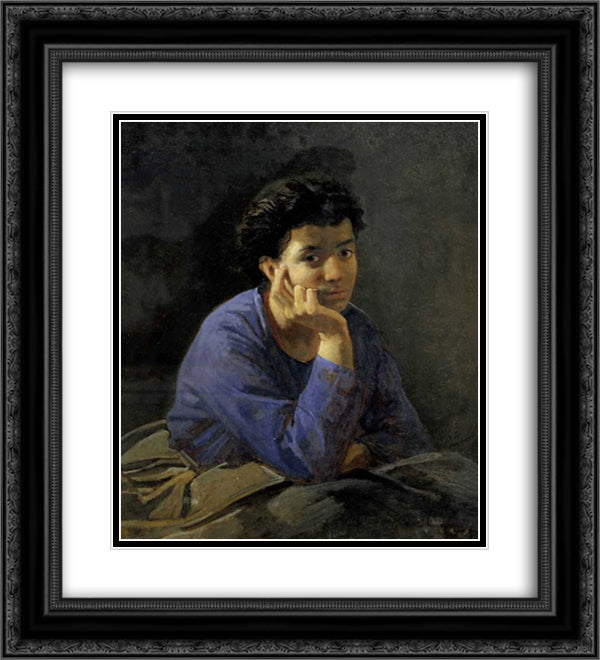 Portrait of an Unknown Woman in a blue blouse 20x22 Black Ornate Wood Framed Art Print Poster with Double Matting by Ge, Nikolai