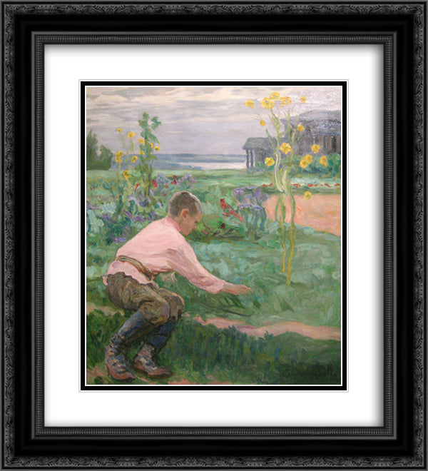 Boy on a Grass 20x22 Black Ornate Wood Framed Art Print Poster with Double Matting by Bogdanov Belsky, Nikolay