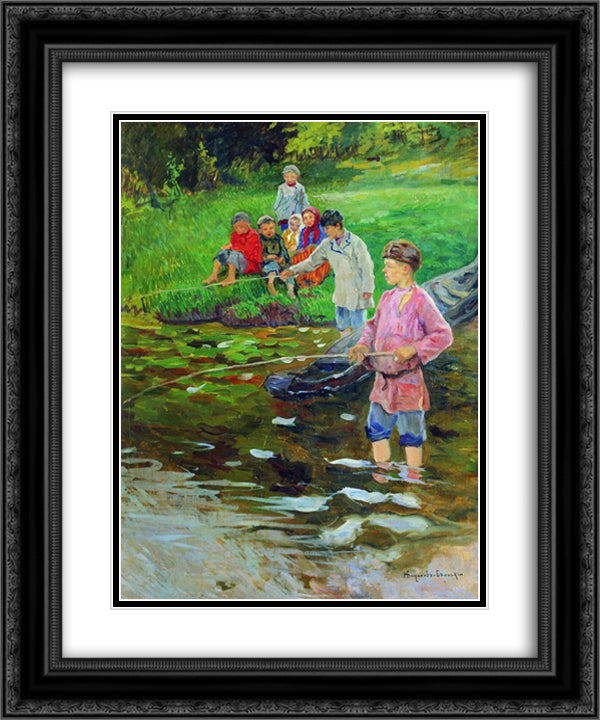 Children-Fishermen 20x24 Black Ornate Wood Framed Art Print Poster with Double Matting by Bogdanov Belsky, Nikolay