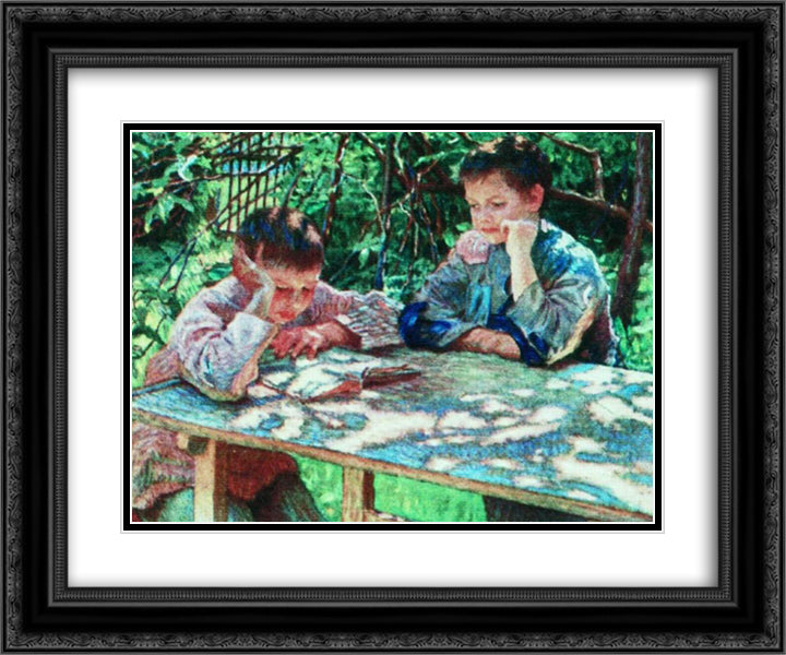 Connoisseurs of books (Knowledge is Power) 24x20 Black Ornate Wood Framed Art Print Poster with Double Matting by Bogdanov Belsky, Nikolay