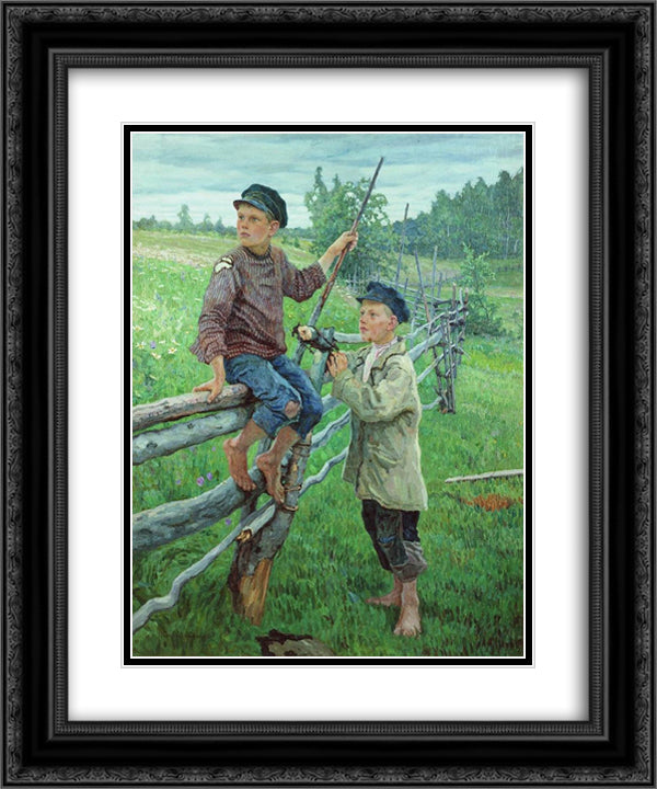 Country Boys 20x24 Black Ornate Wood Framed Art Print Poster with Double Matting by Bogdanov Belsky, Nikolay
