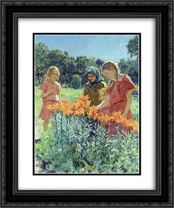 Gathering the Flowers 20x24 Black Ornate Wood Framed Art Print Poster with Double Matting by Bogdanov Belsky, Nikolay
