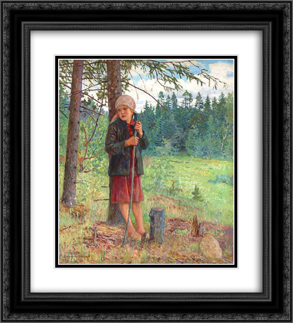 Girl in a Wood 20x22 Black Ornate Wood Framed Art Print Poster with Double Matting by Bogdanov Belsky, Nikolay