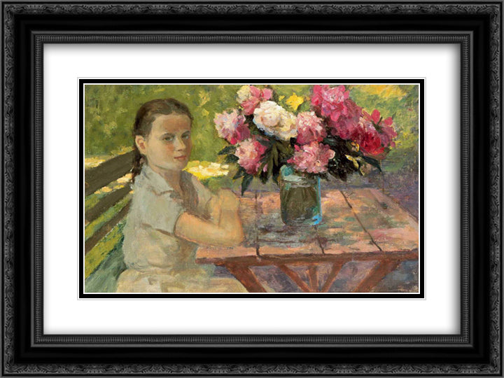 Girl with Peonies 24x18 Black Ornate Wood Framed Art Print Poster with Double Matting by Bogdanov Belsky, Nikolay