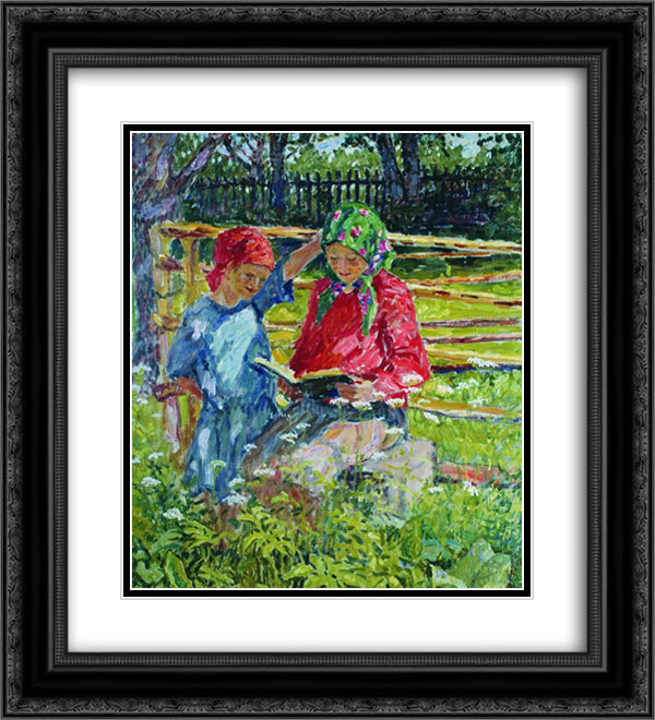 Girls in Kerchiefs 20x22 Black Ornate Wood Framed Art Print Poster with Double Matting by Bogdanov Belsky, Nikolay