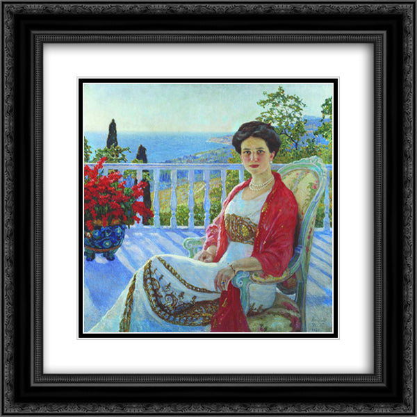 Lady on a Balcony, Koreiz 20x20 Black Ornate Wood Framed Art Print Poster with Double Matting by Bogdanov Belsky, Nikolay
