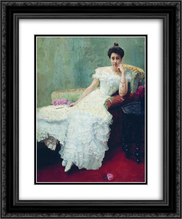 Lady with Roses 20x24 Black Ornate Wood Framed Art Print Poster with Double Matting by Bogdanov Belsky, Nikolay