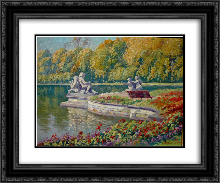Lake and Gardens with Statuary Landscape 24x20 Black Ornate Wood Framed Art Print Poster with Double Matting by Bogdanov Belsky, Nikolay