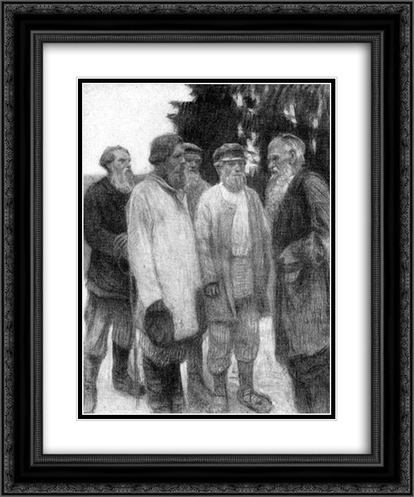 Leo Tolstoy amoung the Peasants 20x24 Black Ornate Wood Framed Art Print Poster with Double Matting by Bogdanov Belsky, Nikolay