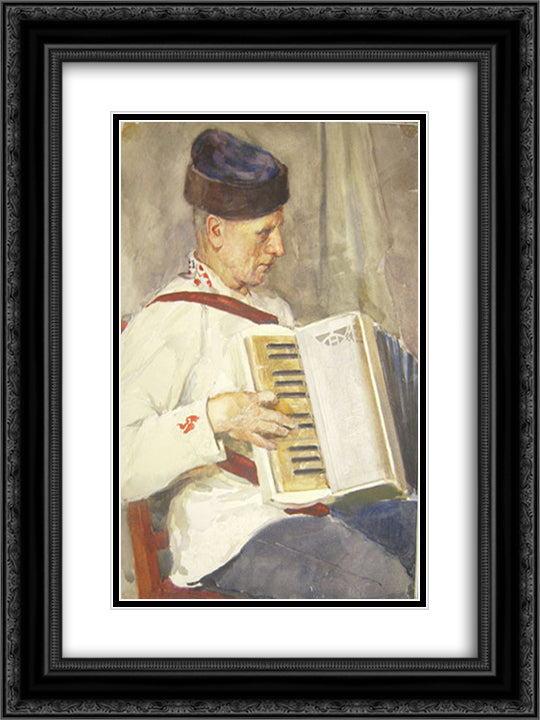 Lettish Accordionist 18x24 Black Ornate Wood Framed Art Print Poster with Double Matting by Bogdanov Belsky, Nikolay