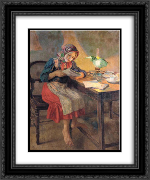 Reading by the Lamp (Schoolgirl) 20x24 Black Ornate Wood Framed Art Print Poster with Double Matting by Bogdanov Belsky, Nikolay