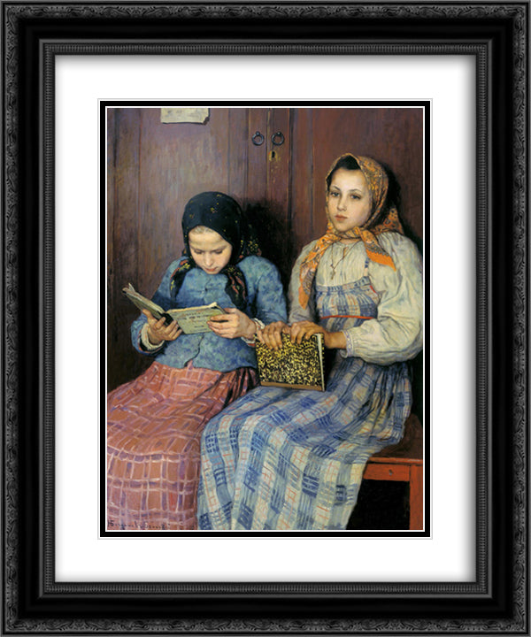 Schoolgirls 20x24 Black Ornate Wood Framed Art Print Poster with Double Matting by Bogdanov Belsky, Nikolay