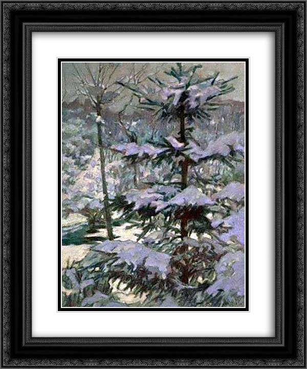 Snow in the Morning 20x24 Black Ornate Wood Framed Art Print Poster with Double Matting by Bogdanov Belsky, Nikolay