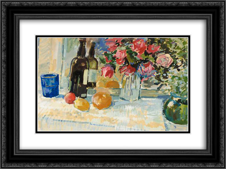 Still Life with a Bottle of Vine 24x18 Black Ornate Wood Framed Art Print Poster with Double Matting by Bogdanov Belsky, Nikolay