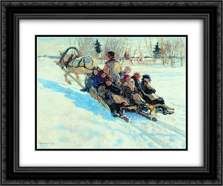 To school 24x20 Black Ornate Wood Framed Art Print Poster with Double Matting by Bogdanov Belsky, Nikolay
