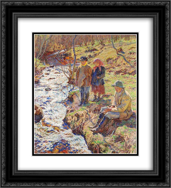 Trout Fishing 20x22 Black Ornate Wood Framed Art Print Poster with Double Matting by Bogdanov Belsky, Nikolay