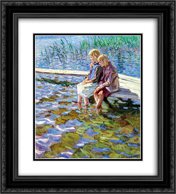 Two Girls on a Footbridge 20x22 Black Ornate Wood Framed Art Print Poster with Double Matting by Bogdanov Belsky, Nikolay