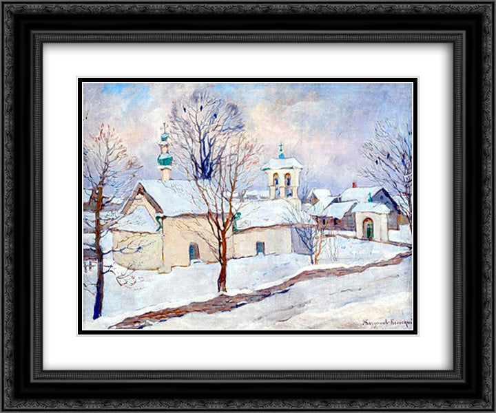 Winter landscape with a church 24x20 Black Ornate Wood Framed Art Print Poster with Double Matting by Bogdanov Belsky, Nikolay