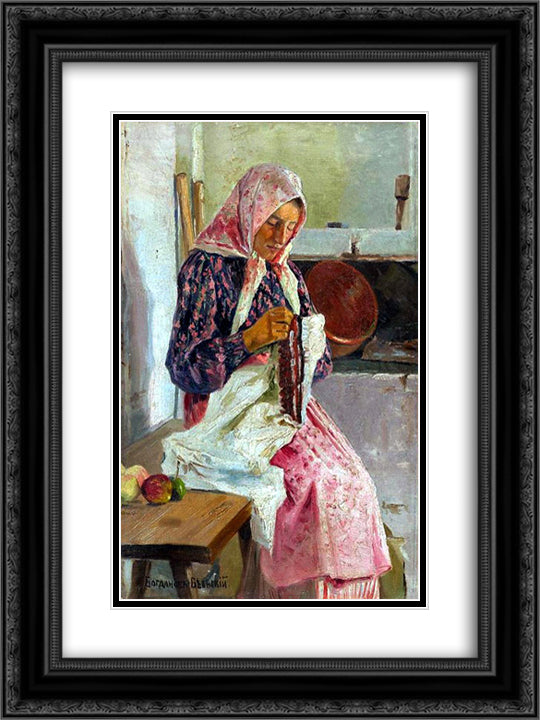 Woman Stitching the Shawl 18x24 Black Ornate Wood Framed Art Print Poster with Double Matting by Bogdanov Belsky, Nikolay