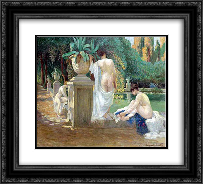 Women on the Pond Shore 22x20 Black Ornate Wood Framed Art Print Poster with Double Matting by Bogdanov Belsky, Nikolay