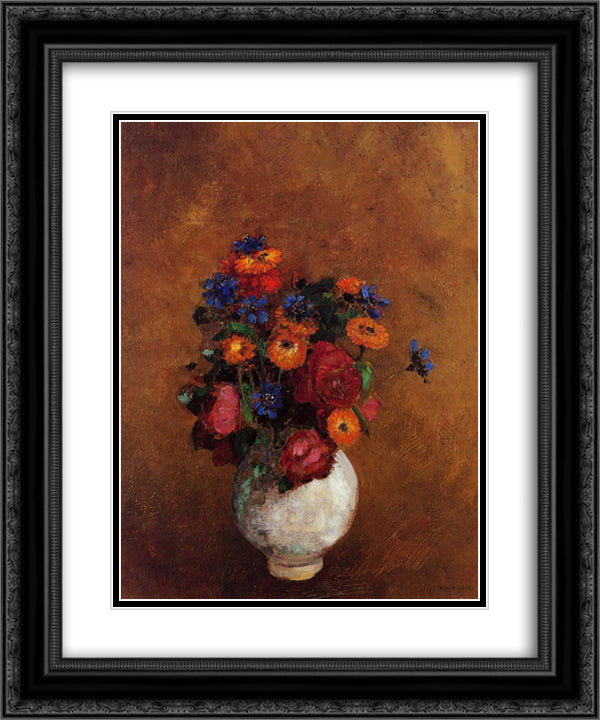 Bouquet of Flowers in a White Vase 20x24 Black Ornate Wood Framed Art Print Poster with Double Matting by Redon, Odilon
