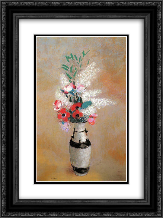 Bouquet with White Lilies in a Japanese Vase 18x24 Black Ornate Wood Framed Art Print Poster with Double Matting by Redon, Odilon