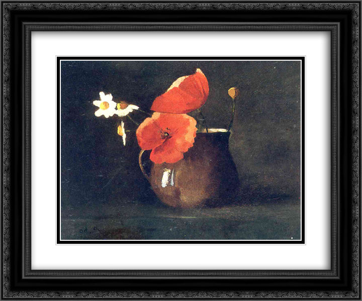 Flowers in green vase 24x20 Black Ornate Wood Framed Art Print Poster with Double Matting by Redon, Odilon