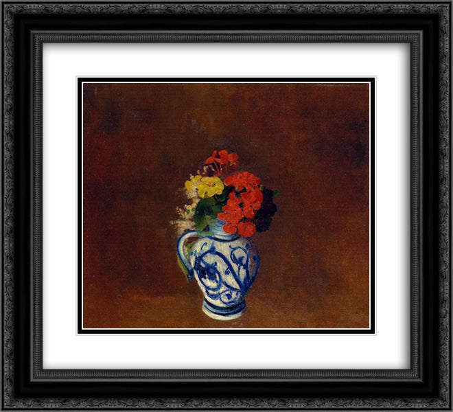 Geraniums and other Flowers in a Stoneware Vase 22x20 Black Ornate Wood Framed Art Print Poster with Double Matting by Redon, Odilon